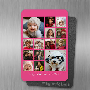 Hot Pink Photo Collage - Modern 14 Pic Grid Magnet