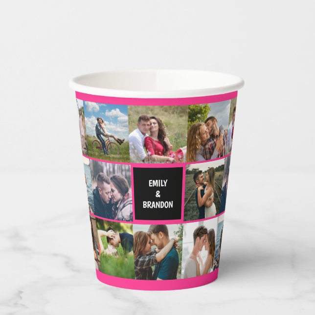 Hot Pink Photo Collage Wedding Paper Cups (Left)