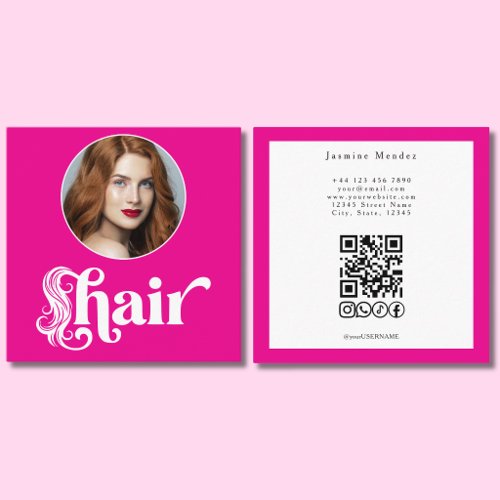 Hot Pink Photo Hair Stylist QR Socials Square Business Card