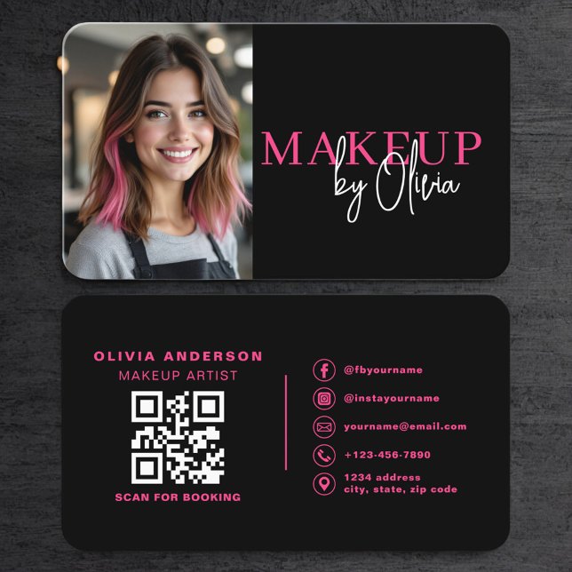 Hot Pink Photo Makeup Artist QR Code Business Card (Creator Uploaded)