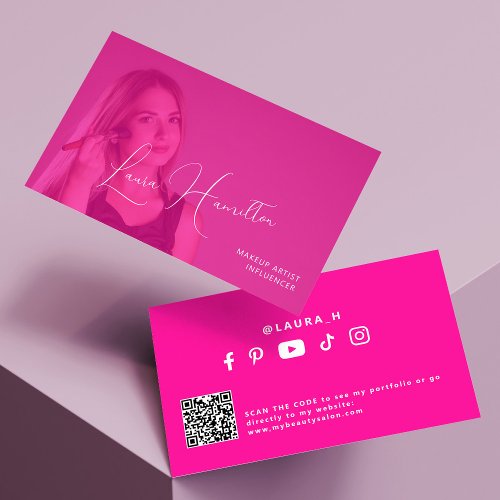 Hot pink photo overlay makeup artist QR CODE Business Card