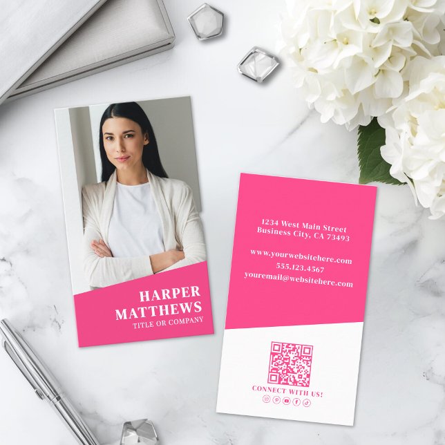 Hot Pink Photo QR Code Vertical Business Card (Pink Photo QR Code Vertical Business Card )