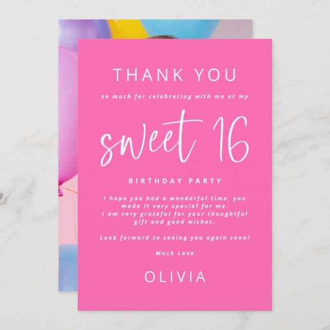 Hot Pink Photo  Sweet 16 Birthday Party Thank You Card (Front/Back)