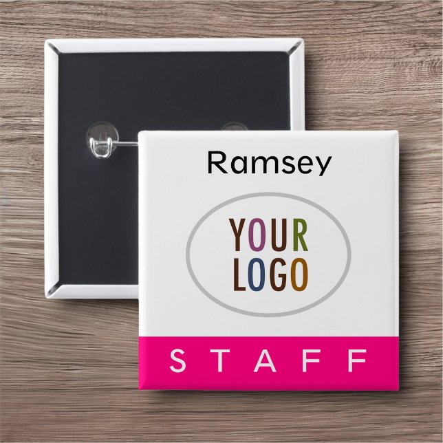 Hot Pink Pin Back Staff Badge Square Logo Button (MISOOK Square Name Button for Staff Hot Pink)