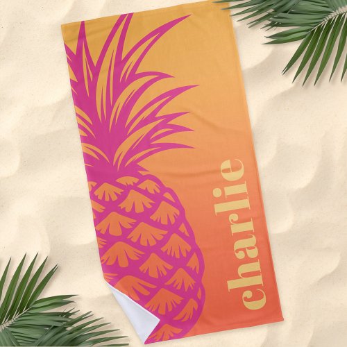 Hot pink pineapple orange yellow gradient retro beach towel