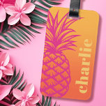 Hot pink pineapple orange yellow gradient retro luggage tag<br><div class="desc">Luggage tag featuring a hot pink pineapple and your custom name or text aligned vertically to the right on a yellow to orange gradient background.</div>