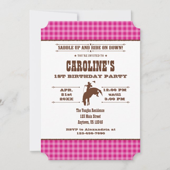 Hot Pink Plaid Cowboy Rodeo Birthday Invitation (Front)