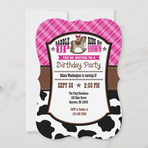 Hot Pink Plaid Cowhide Cowboy Birthday Invite
