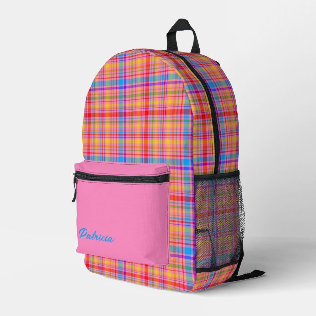 Hot Pink Plaid Fun Personalized Printed Backpack (Back Corner Right)
