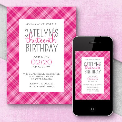 Hot Pink Plaid Girls Birthday Invitation