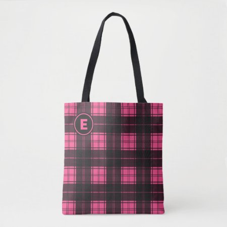 Hot Pink Plaid Monogram Tote Bag