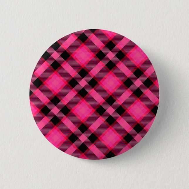 Hot Pink Plaid, Punk, Emo, or Preppy Pinback Button (Front)