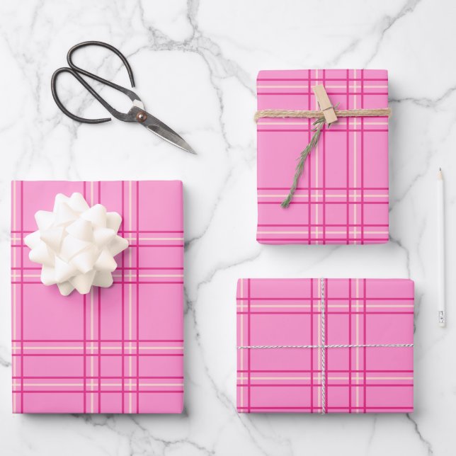 Hot Pink Plaid Tartan Wrapping Paper Sheets (Front)