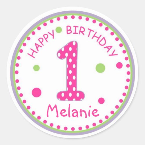 Hot Pink Polka Dot Happy Birthday Number 1 Classic Round Sticker