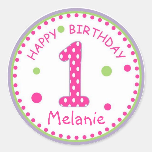 Hot Pink Polka Dot Happy Birthday Number 1 Classic Round Sticker (Front)