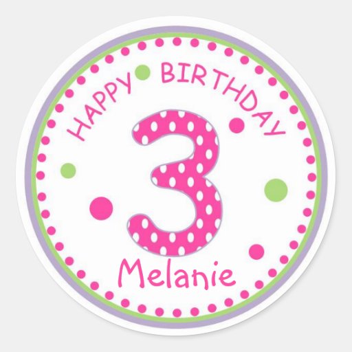 Hot Pink Polka Dot Happy Birthday Number 3 Classic Round Sticker | Zazzle