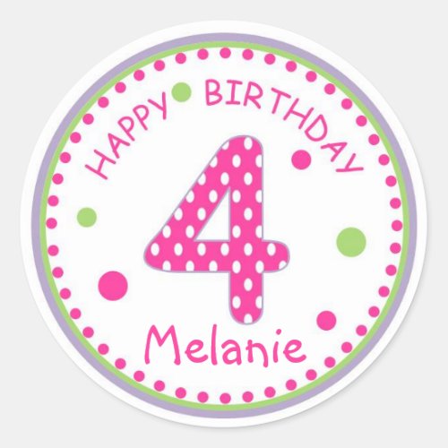 Hot Pink Polka Dot Happy Birthday Number 4 Classic Round Sticker