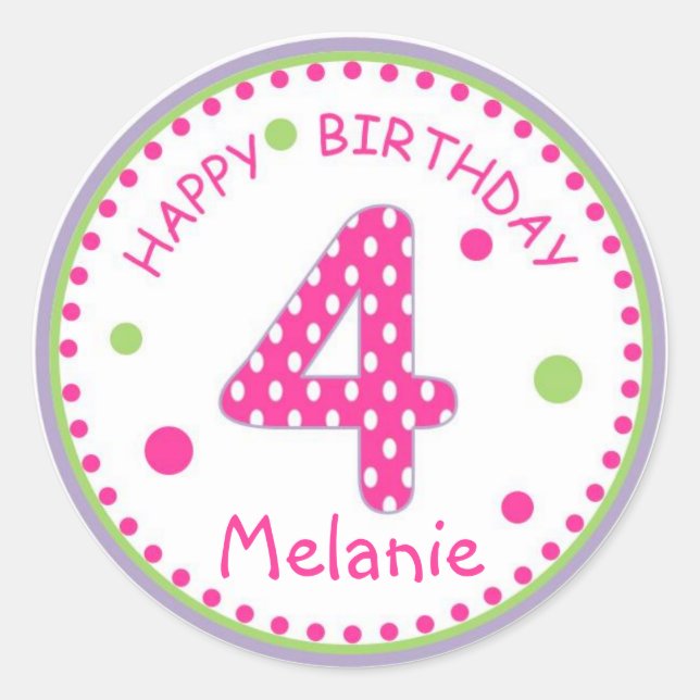 Hot Pink Polka Dot Happy Birthday Number 4 Classic Round Sticker (Front)