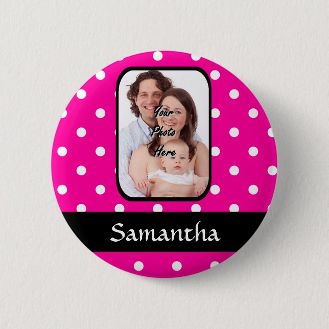 Hot pink polka dot pattern pinback button (Front)