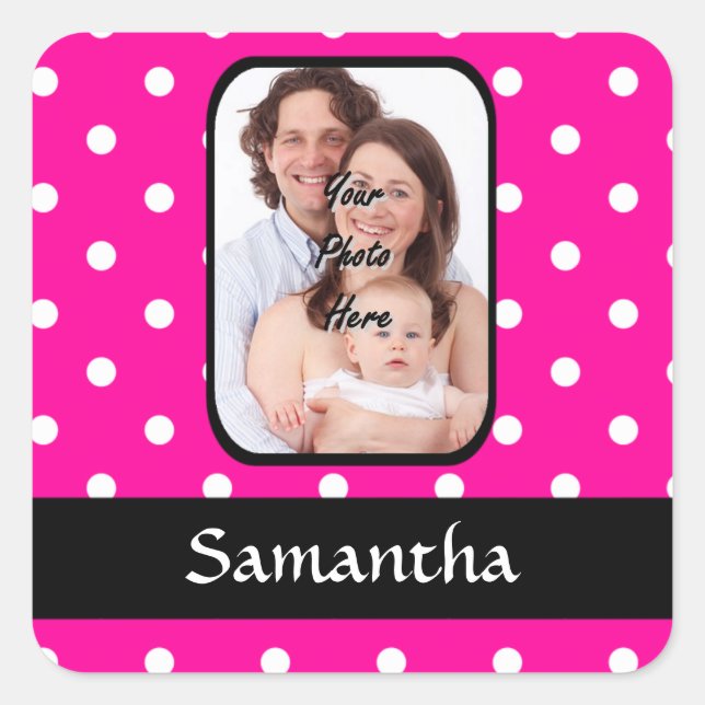 Hot pink polka dot pattern square sticker (Front)