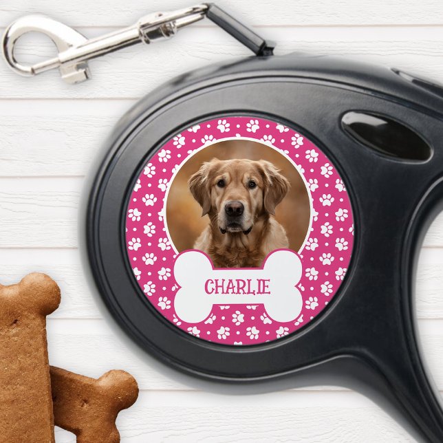 Hot Pink Polka Dot Paw Print Dog Bone Pet Photo Retractable Pet Leash (Creator Uploaded)