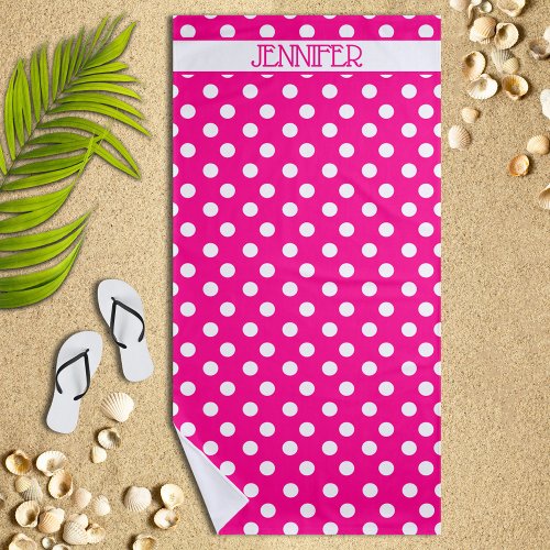 Hot Pink Polka Dot Personalized Beach Towel
