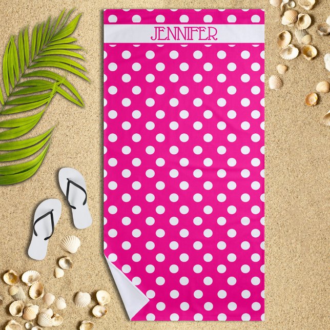 Hot Pink Polka Dot Personalized Beach Towel (Creator Uploaded)
