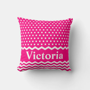 Hot Pink Polka Dots and Chevrons Throw Pillow