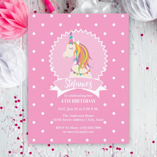 Hot Pink Polka Dots Magical Unicorn Girl Birthday Invitation
