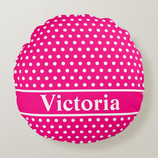 Hot Pink Polka Dots Round Pillow (Front)