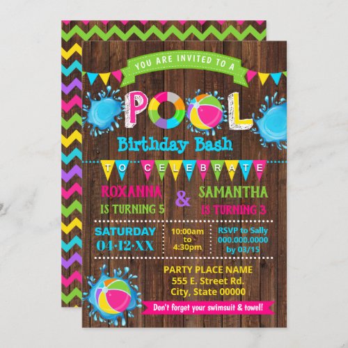 Hot Pink Pool birthday bash combined sibling party Invitation