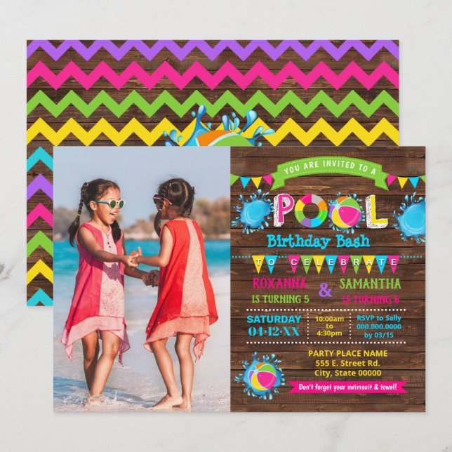 Hot Pink Pool birthday bash combined sibling photo Invitation (Front/Back)