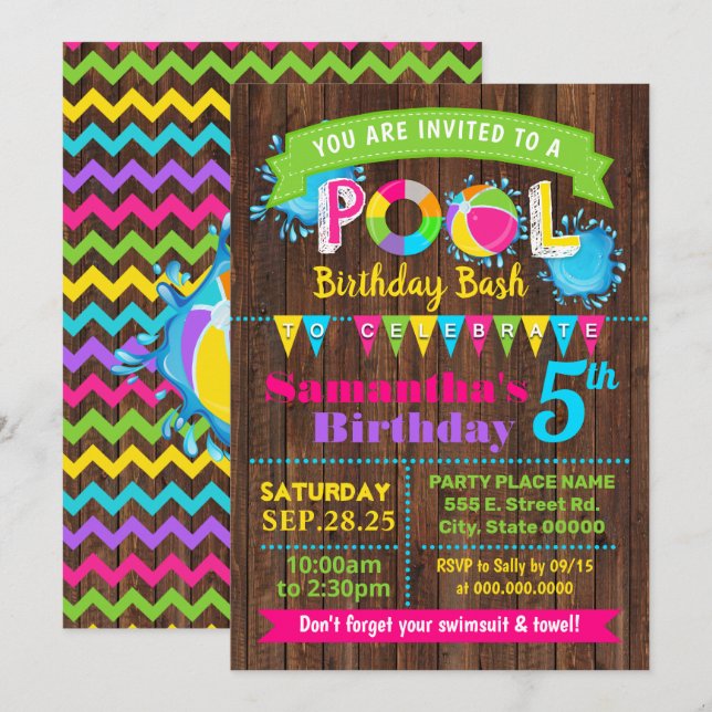 Hot Pink Pool birthday summer bash wood party Invitation (Front/Back)
