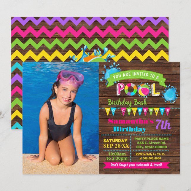 Hot Pink Pool birthday summer bash wood photo Invitation (Front/Back)