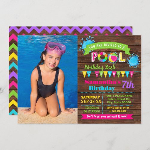 Hot Pink Pool birthday summer bash wood photo Invitation