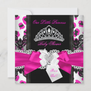 Hot Pink Princess Baby Shower Girl Black Leopard 3 Invitation