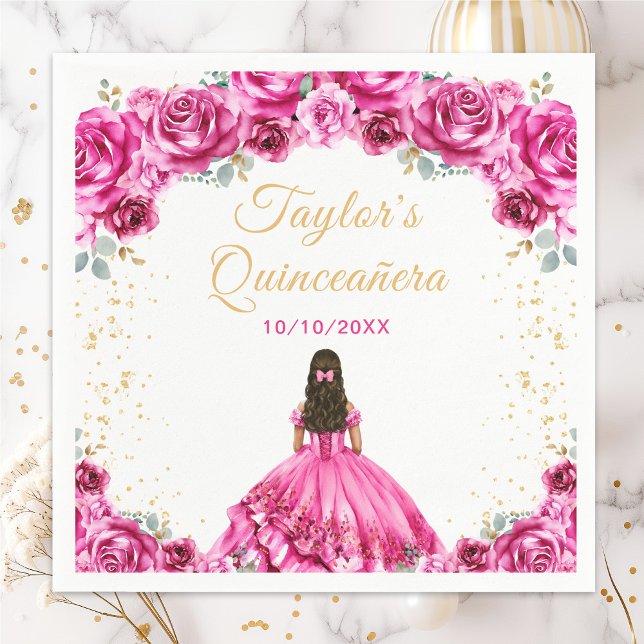 Hot Pink Princess Floral Quinceañera Napkins (Creator Uploaded)