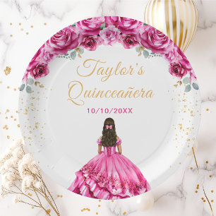 Hot Pink Princess Floral Quinceañera Paper Plates