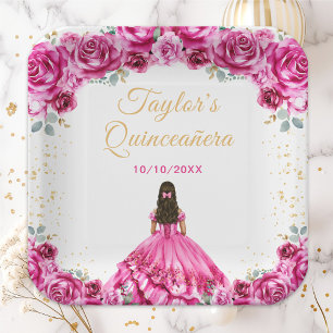 Hot Pink Princess Floral Quinceañera Paper Plates