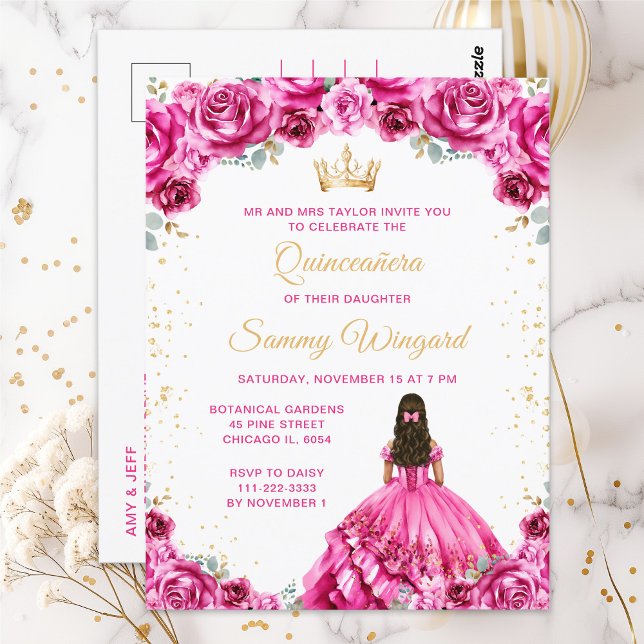 Hot Pink Princess Floral Quinceañera Postcard (Creator Uploaded)
