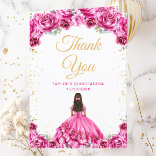 Hot Pink Princess Floral Quinceañera Thank You Card