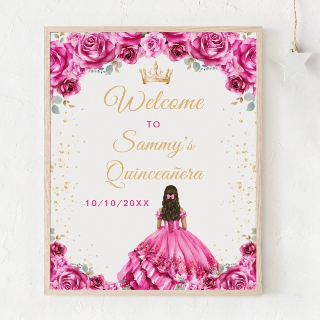 Hot Pink Princess Quinceañera Welcome Poster (Creator Uploaded)