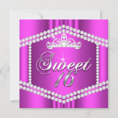 Hot Pink Princess Sweet 16 Party Diamond Trim Invitation