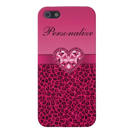 Hot Pink Printed Bling Heart & Leopard Pattern Case For Iphone Se/