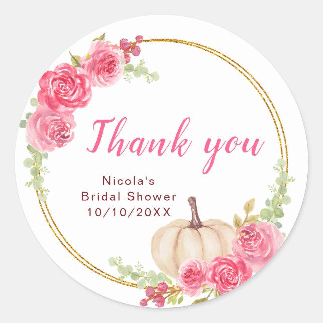 Hot Pink Pumpkins Bridal Shower Thank You Classic Round Sticker (Front)