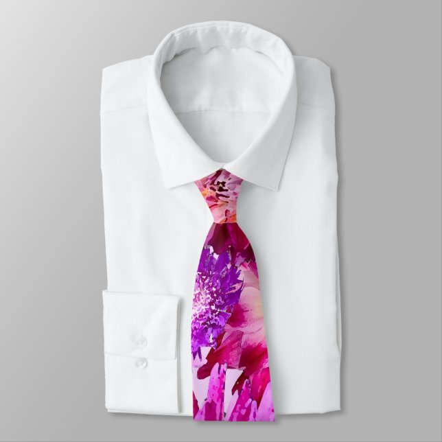 Hot Pink Purple Abstract Floral Dahlia Pattern Neck Tie (Tied)