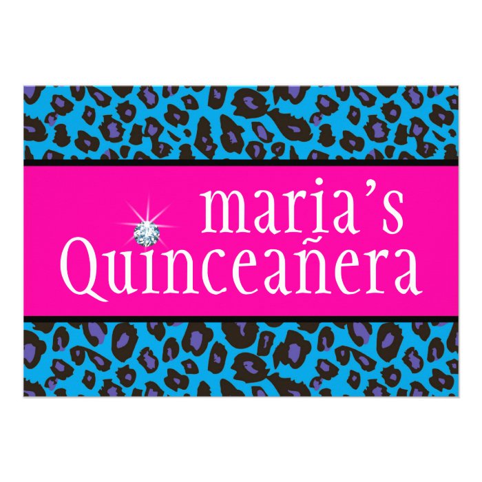 Hot Pink Purple and Teal Blue Leopard Quinceanera Personalized Invitations