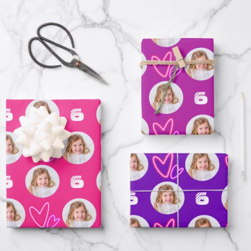 Hot Pink Purple Circle Photo Heart Birthday Wrapping Paper Sheets