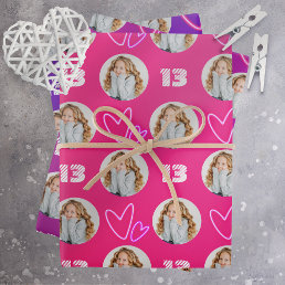 Hot Pink Purple Circle Photo Heart Birthday Wrapping Paper Sheets
