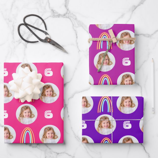 Hot Pink Purple Circle Photo Rainbow Birthday  Wrapping Paper Sheets (Front)